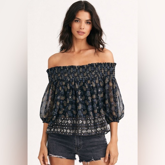Free People Tops - 💜Free People Black Blouse with Blue Embroidery